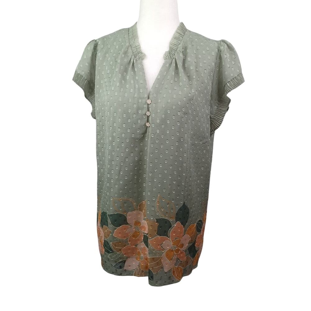 DR2 Women's Boho Ruffle Trim Floral Hem Top Sheer Olive Size L Flower Buttons